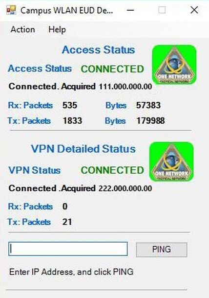 Monitoring application displays real-time status for access and VPN on an end user device in a CSfC campus WLAN deployment